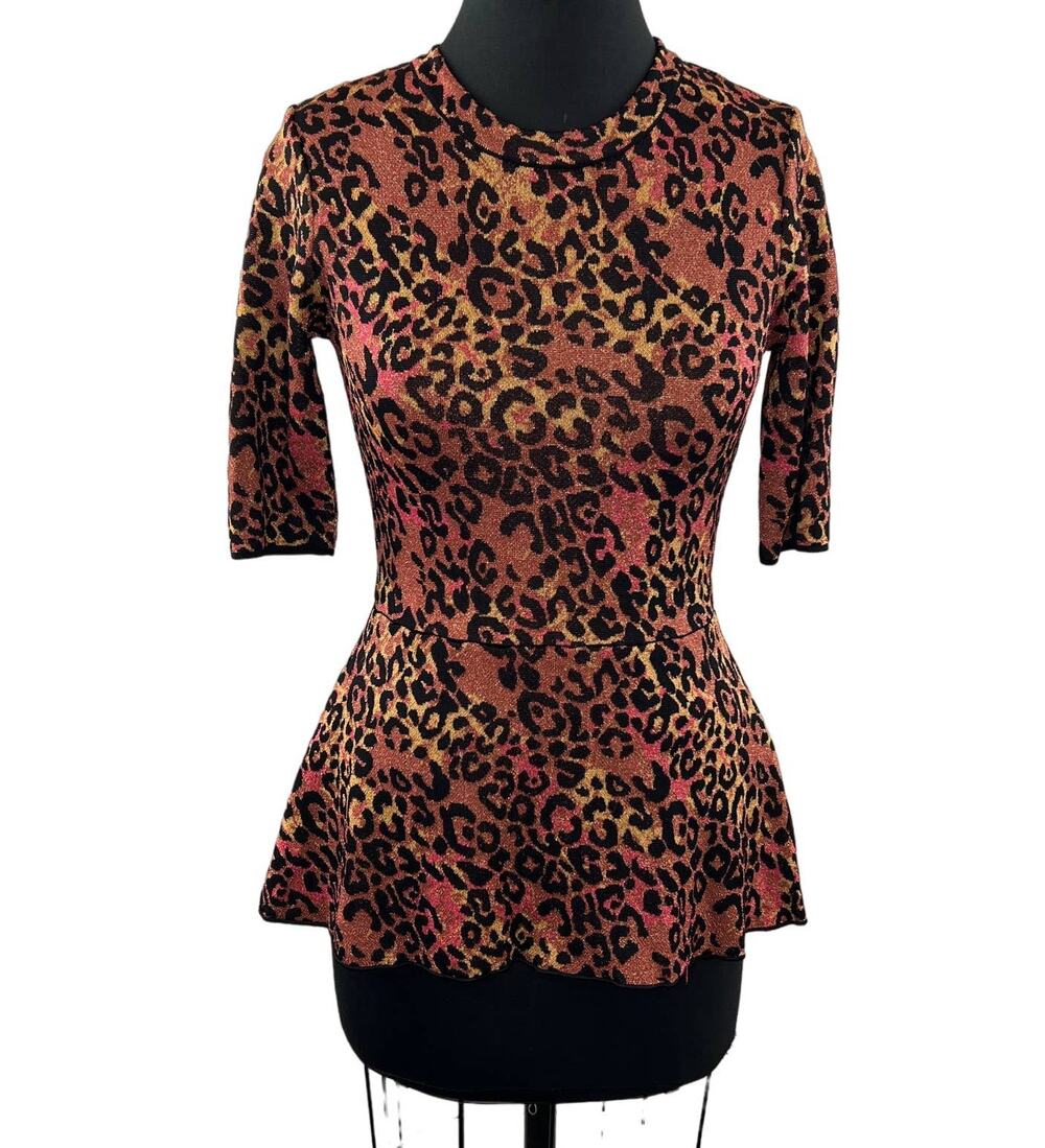 MISSONI Brown Black 40 Elegant Peplum Top Leopard Print Crew Neck Short Sleeve